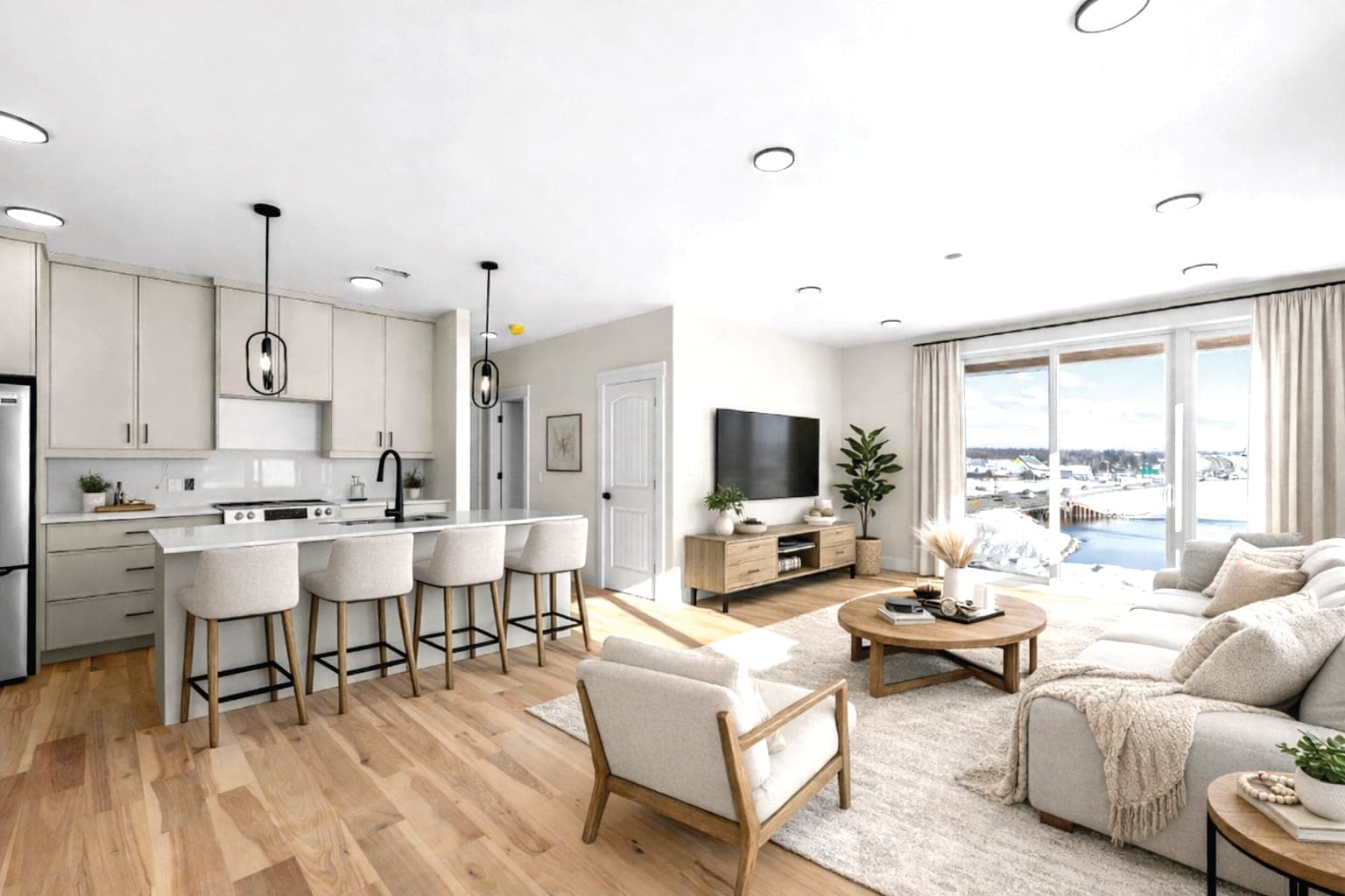 522 Capital Drive — open-plan living room and kitchen with North River views, Cornwall PEI