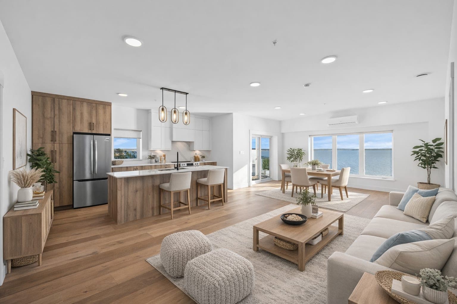 Type A — open-plan kitchen, dining, and living with North River view (staged)