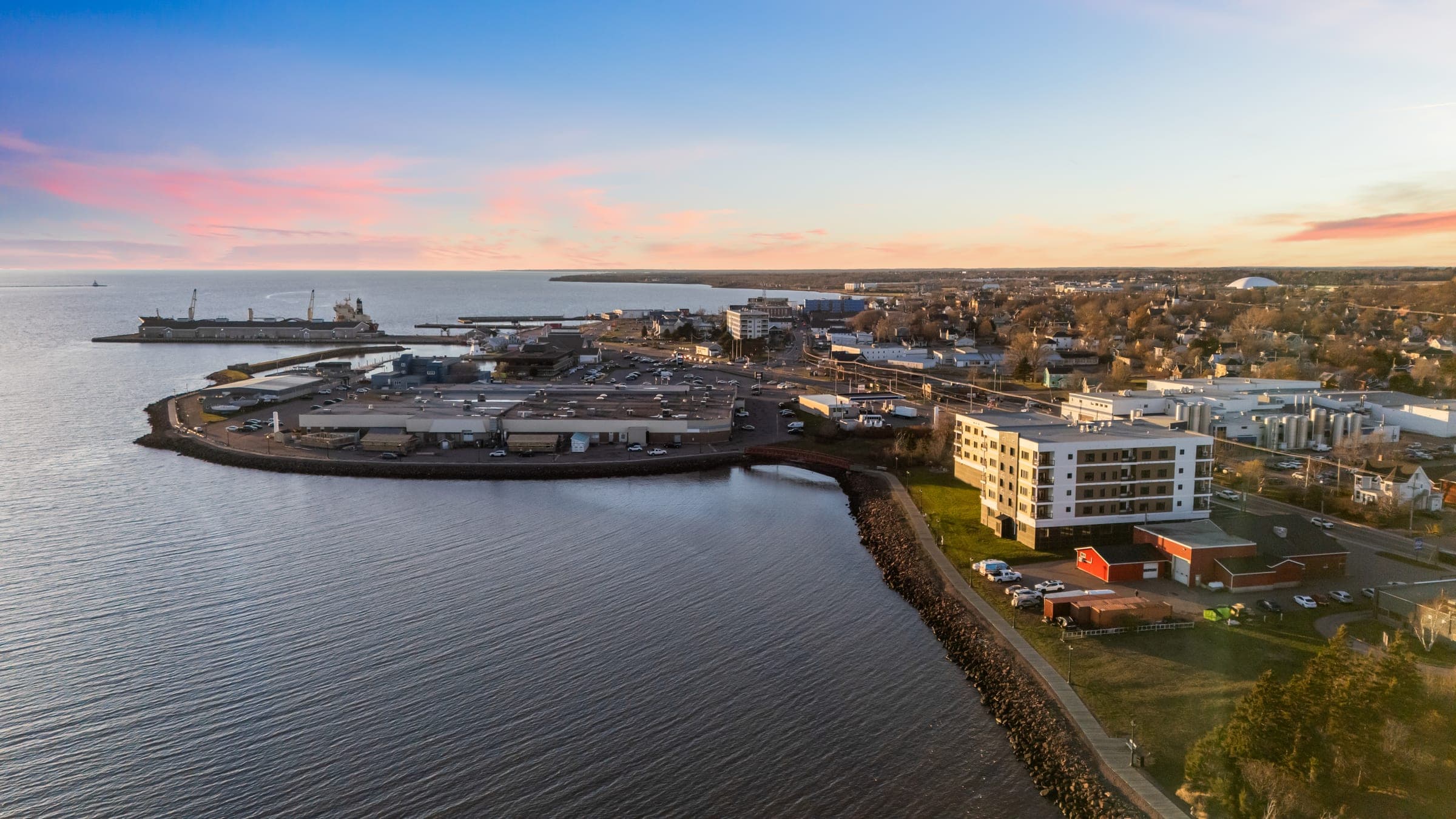 Aerial view of downtown Summerside — restaurants, shops, and the waterfront steps from 278 Water Street